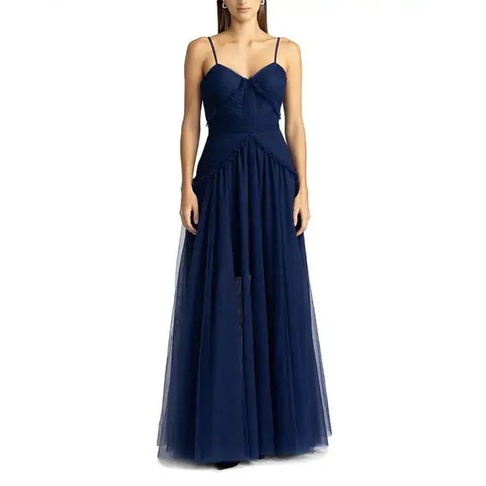 ZAC POSEN Navy Pleated Ruffle Tulle Spaghetti Straps Lined Flatter Maxi Dress8